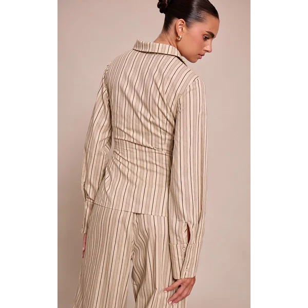 Gris Pierre Ensemble Coordonné Chemise Asymétrique Tissée À Fines Rayures