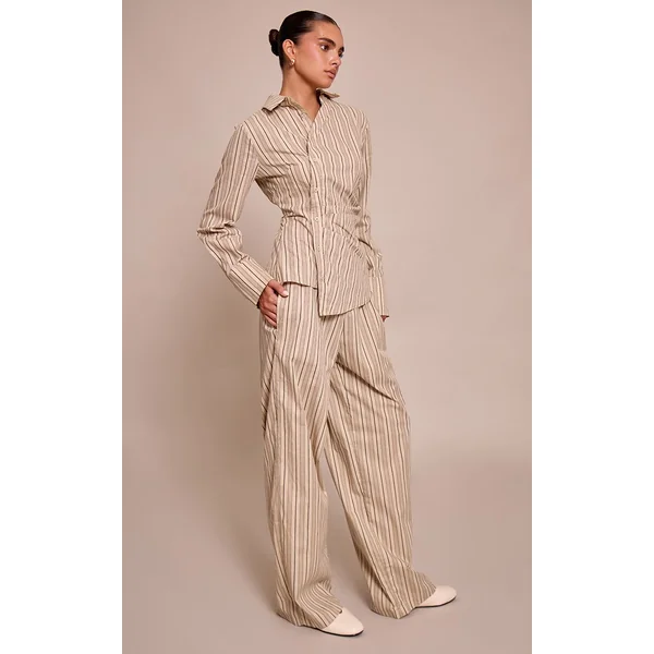 Gris Pierre Ensemble Coordonné Chemise Asymétrique Tissée À Fines Rayures