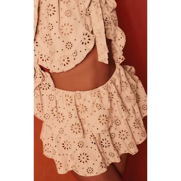Gris Pierre Ensemble Coordonné Short Brodé À Volants En Coton