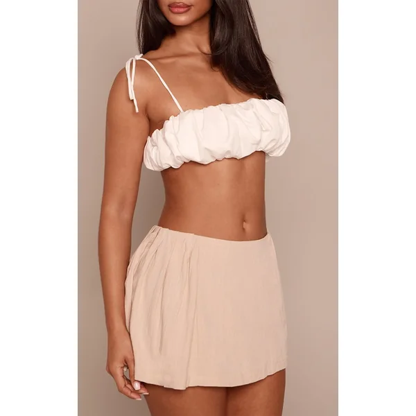 Gris Pierre Mini-jupe Plissée En Lin Tissé Aspect Naturel Petite