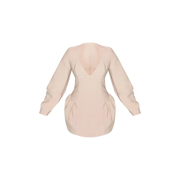 Gris Pierre Robe Courte Cintrée À Taille Resserrée Avec Décolleté Plongeant Et Manches Cocon