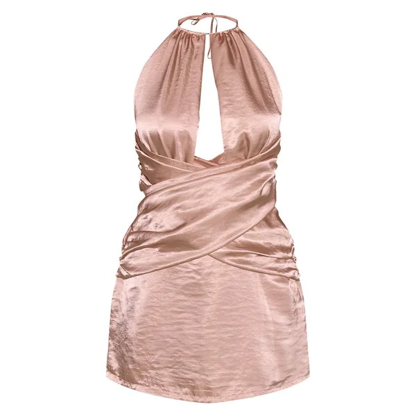 Gris Pierre Robe Courte En Satin Avec Détail Cache-cœur