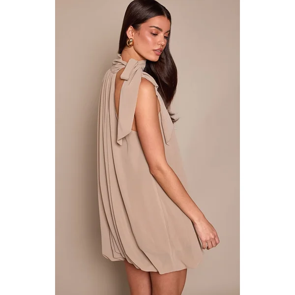 Gris Pierre Robe Mini Bouffante En Mousseline Avec Nœud Au Cou