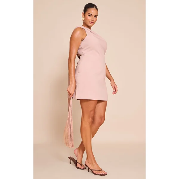 Gris Pierre Robe Mini Grande Taille Tissée Avec Détail Écharpe À Franges