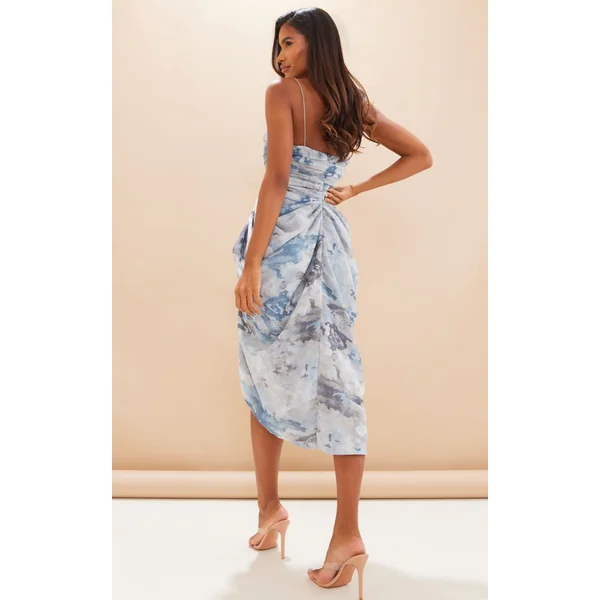 Gris Robe Midi Drapée Froncée En Mousseline