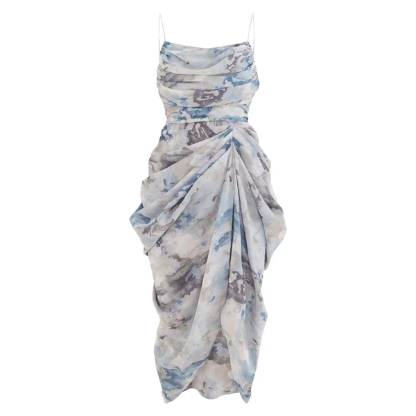 Gris Robe Midi Drapée Froncée En Mousseline
