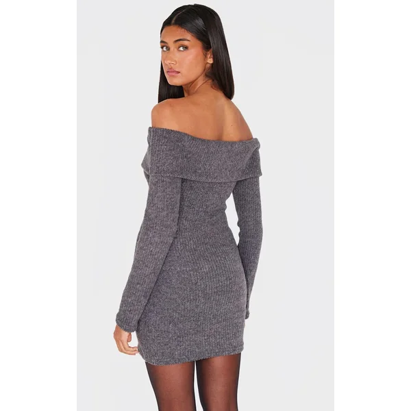 Gris Robe Moulante Côtelée Brossée Boutonnée
