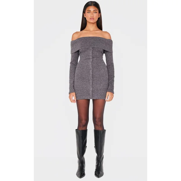 Gris Robe Moulante Côtelée Brossée Boutonnée