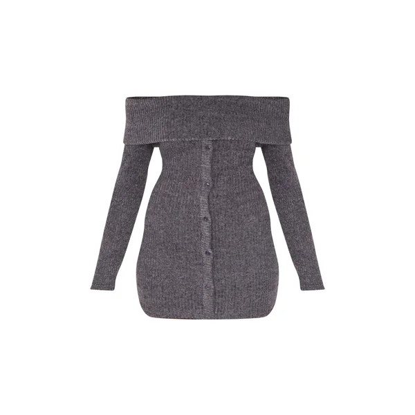 Gris Robe Moulante Côtelée Brossée Boutonnée
