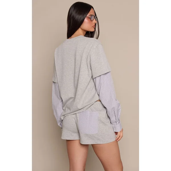 Gris Short En Jersey De Coton À Détail De Poche À Carreaux