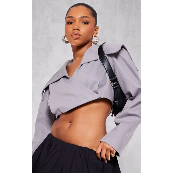 Gris Veste Courte Asymétrique Croisée