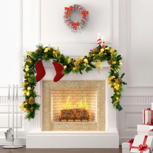 Guirlande de Noël Artificielle Pré-illuminée de 270 cm avec 50 Lumières LED Blanc Chaud Décoration de Noël à Piles avec Pommes de Pin Baies Boules Fleurs