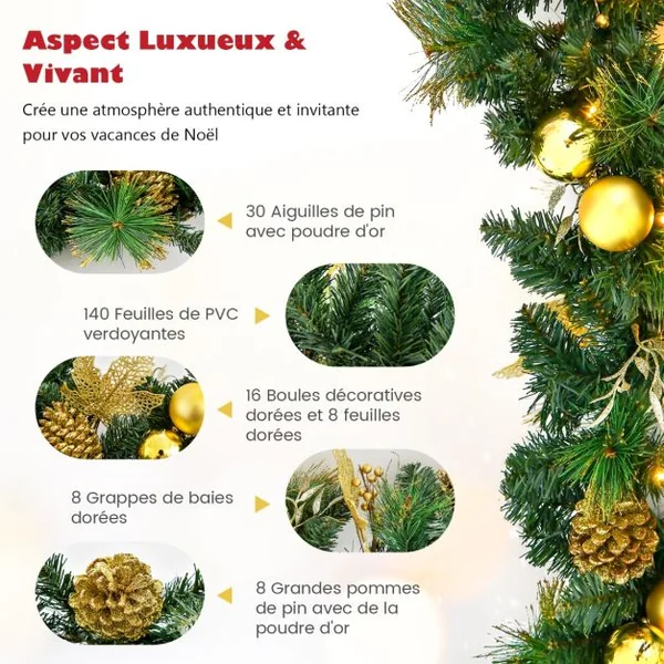Guirlande de Noël Artificielle Pré-illuminée de 270 cm avec 50 Lumières LED Blanc Chaud Décoration de Noël à Piles avec Pommes de Pin Baies Boules Fleurs