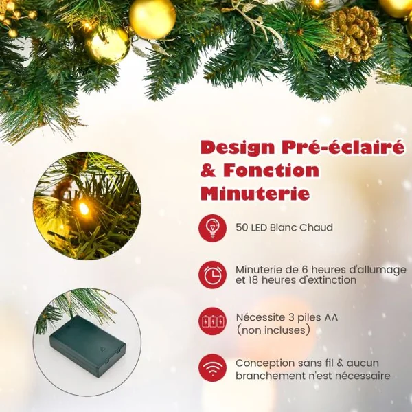 Guirlande de Noël Artificielle Pré-illuminée de 270 cm avec 50 Lumières LED Blanc Chaud Décoration de Noël à Piles avec Pommes de Pin Baies Boules Fleurs