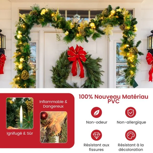 Guirlande de Noël Artificielle Pré-illuminée de 270 cm avec 50 Lumières LED Blanc Chaud Décoration de Noël à Piles avec Pommes de Pin Baies Boules Fleurs
