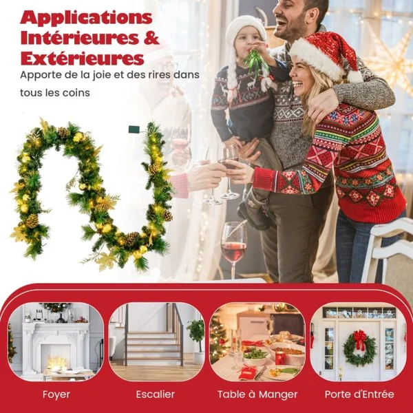 Guirlande de Noël Artificielle Pré-illuminée de 270 cm avec 50 Lumières LED Blanc Chaud Décoration de Noël à Piles avec Pommes de Pin Baies Boules Fleurs