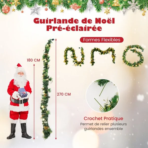 Guirlande de Noël Artificielle Pré-illuminée de 270 cm avec 50 Lumières LED Blanc Chaud Décoration de Noël à Piles avec Pommes de Pin Baies Boules Fleurs