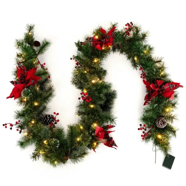 Guirlande de Noël Artificielle Pré-illuminée de 270 cm avec 50 Lumières LED Blanc Chaud Décoration de Noël à Piles avec Pommes de Pin Baies Fleurs