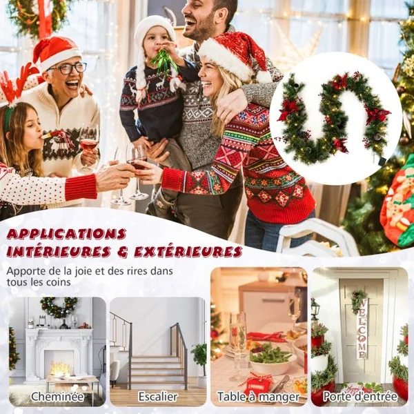 Guirlande de Noël Artificielle Pré-illuminée de 270 cm avec 50 Lumières LED Blanc Chaud Décoration de Noël à Piles avec Pommes de Pin Baies Fleurs