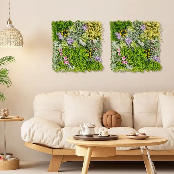 Haie Artificiel 2 PCS Décorations Murales 50x50cm Décoration Murale en Feuillage Artificiel en 3D 10 Types de Plantes Artificielles Mixtes