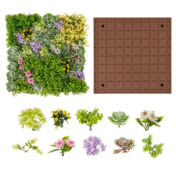 Haie Artificiel 2 PCS Décorations Murales 50x50cm Décoration Murale en Feuillage Artificiel en 3D 10 Types de Plantes Artificielles Mixtes