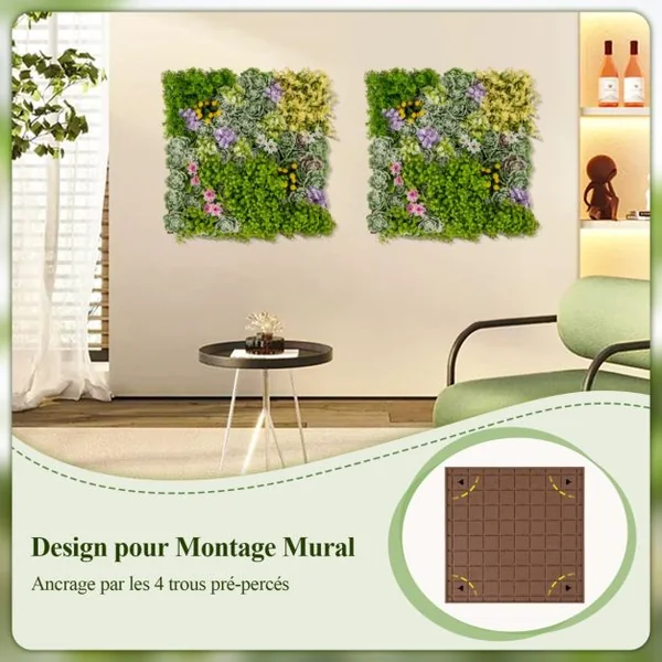 Haie Artificiel 2 PCS Décorations Murales 50x50cm Décoration Murale en Feuillage Artificiel en 3D 10 Types de Plantes Artificielles Mixtes