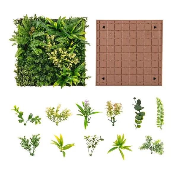 Haie Artificiel 2 PCS Décorations Murales 50x50cm Décoration Murale en Feuillage Artificiel en 3D 11 Types de Plantes Artificielles Mixtes,
