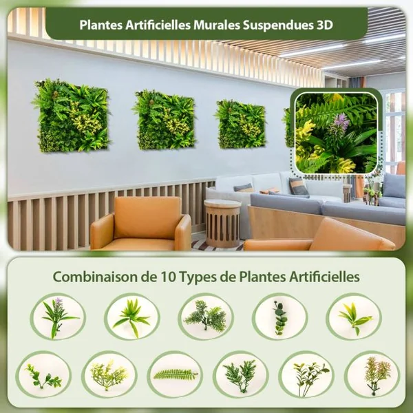 Haie Artificiel 2 PCS Décorations Murales 50x50cm Décoration Murale en Feuillage Artificiel en 3D 11 Types de Plantes Artificielles Mixtes,