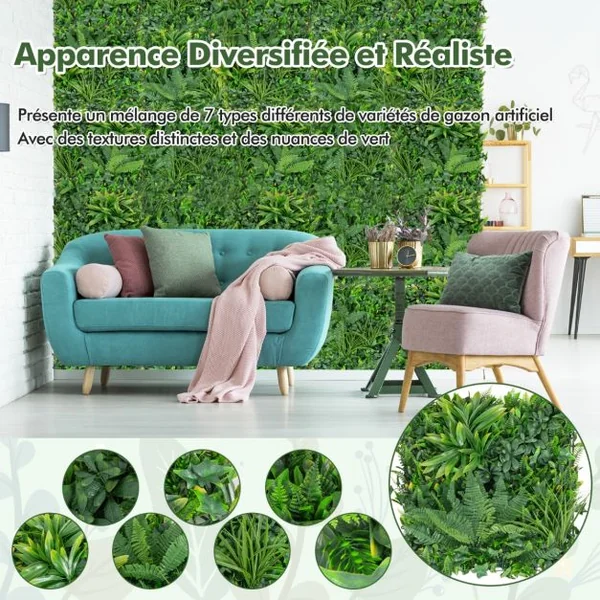 Haie Artificiel Brise-Vue 4PCS 50 x 50 cm 7 Types de Plantes Artificielles Mixtes Panneaux de Toile de Fond de Verdure et Protection Solaire