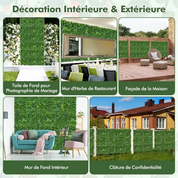 Haie Artificiel Brise-Vue 4PCS 50 x 50 cm 7 Types de Plantes Artificielles Mixtes Panneaux de Toile de Fond de Verdure et Protection Solaire