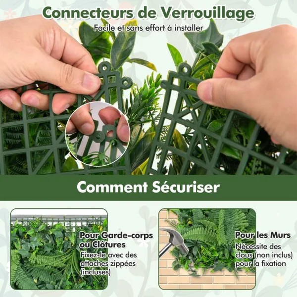 Haie Artificiel Brise-Vue 4PCS 50 x 50 cm 7 Types de Plantes Artificielles Mixtes Panneaux de Toile de Fond de Verdure et Protection Solaire