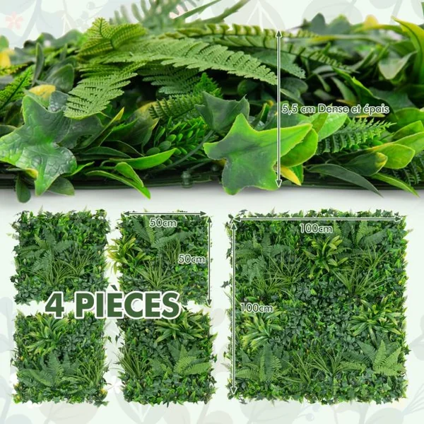 Haie Artificiel Brise-Vue 4PCS 50 x 50 cm 7 Types de Plantes Artificielles Mixtes Panneaux de Toile de Fond de Verdure et Protection Solaire