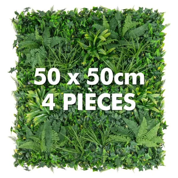 Haie Artificiel Brise-Vue 4PCS 50 x 50 cm 7 Types de Plantes Artificielles Mixtes Panneaux de Toile de Fond de Verdure et Protection Solaire