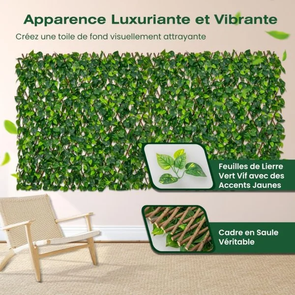 Haie Artificielle Brise-Vue Décoration Extensible Panneau Décoratif Artificiel Protection Solaire Cadre en Saule Véritable 180x90cm Vert