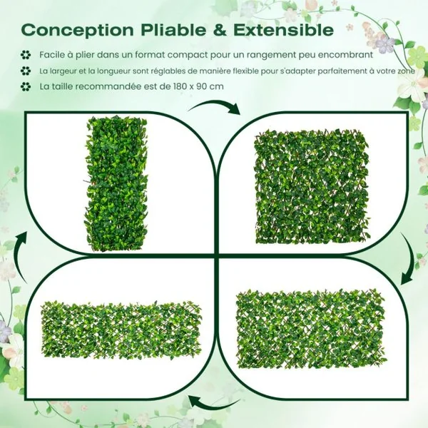 Haie Artificielle Brise-Vue Décoration Extensible Panneau Décoratif Artificiel Protection Solaire Cadre en Saule Véritable 180x90cm Vert