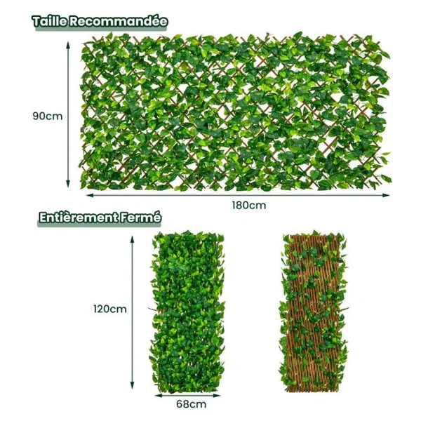 Haie Artificielle Brise-Vue Décoration Extensible Panneau Décoratif Artificiel Protection Solaire Cadre en Saule Véritable 180x90cm Vert