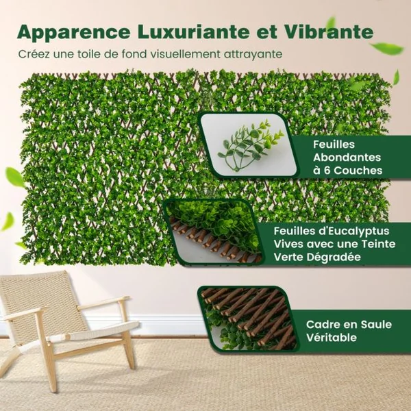 Haie Artificielle Brise-Vue Décoration Extensible Panneau Décoratif Artificiel Protection Solaire Cadre en Saule Véritable Vert