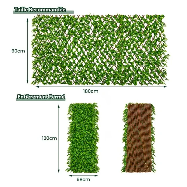 Haie Artificielle Brise-Vue Décoration Extensible Panneau Décoratif Artificiel Protection Solaire Cadre en Saule Véritable Vert