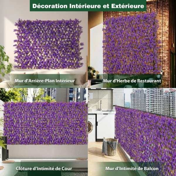 Haie Artificielle Brise-Vue Décoration Extensible Panneau Décoratif Artificiel Protection Solaire Cadre en Saule Véritable Violet