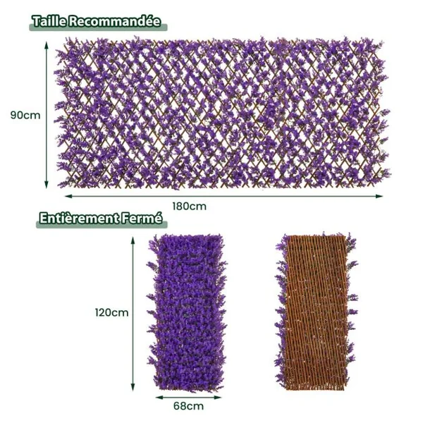 Haie Artificielle Brise-Vue Décoration Extensible Panneau Décoratif Artificiel Protection Solaire Cadre en Saule Véritable Violet