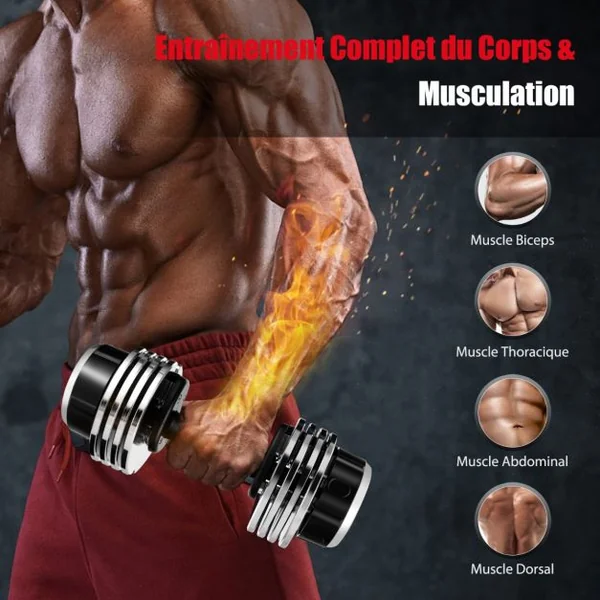 Haltères Réglables en Poids avec Poignée Antidérapante Cadran Rotatif à Réglage Rapide pour les Exercices de Gym à Domicile Noir