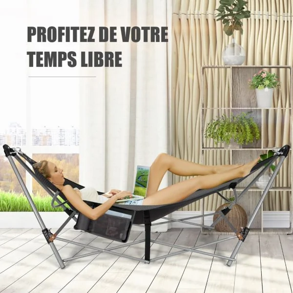 Hamac Pliant Intérieur et Extérieur avec Poche Latérale Boucles Anti-basculement et Support en Fer Lit Hamac de Camping Pliable pour Porche Bleu/Noir