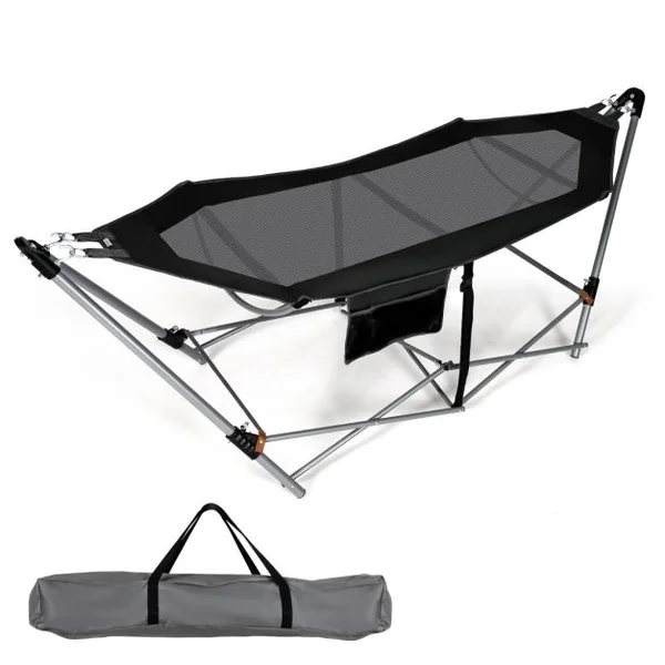 Hamac Pliant Intérieur et Extérieur avec Poche Latérale Boucles Anti-basculement et Support en Fer Lit Hamac de Camping Pliable pour Porche Bleu/Noir