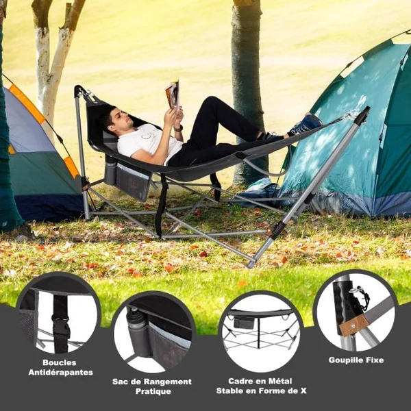Hamac Pliant Intérieur et Extérieur avec Poche Latérale Boucles Anti-basculement et Support en Fer Lit Hamac de Camping Pliable pour Porche Bleu/Noir
