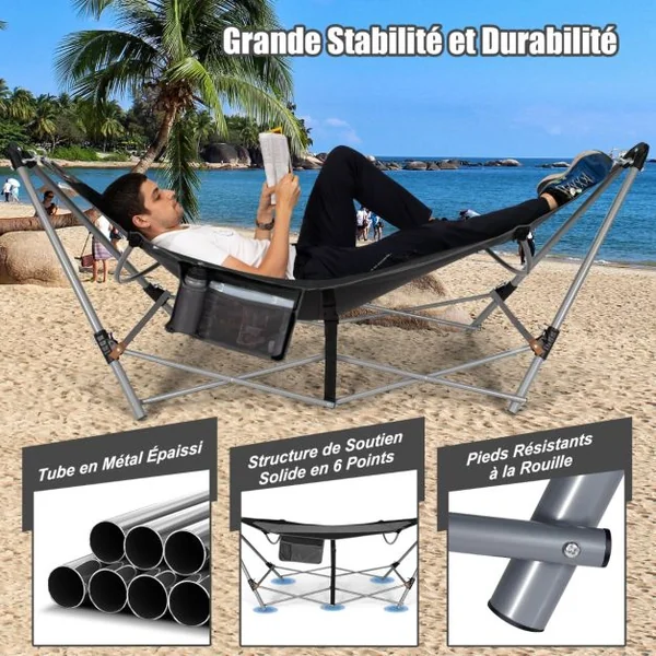 Hamac Pliant Intérieur et Extérieur avec Poche Latérale Boucles Anti-basculement et Support en Fer Lit Hamac de Camping Pliable pour Porche Bleu/Noir