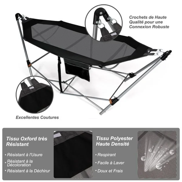 Hamac Pliant Intérieur et Extérieur avec Poche Latérale Boucles Anti-basculement et Support en Fer Lit Hamac de Camping Pliable pour Porche Bleu/Noir