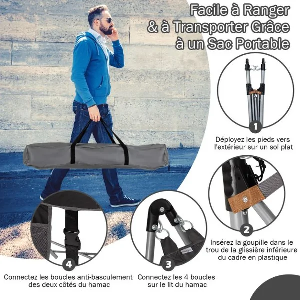Hamac Pliant Intérieur et Extérieur avec Poche Latérale Boucles Anti-basculement et Support en Fer Lit Hamac de Camping Pliable pour Porche Bleu/Noir