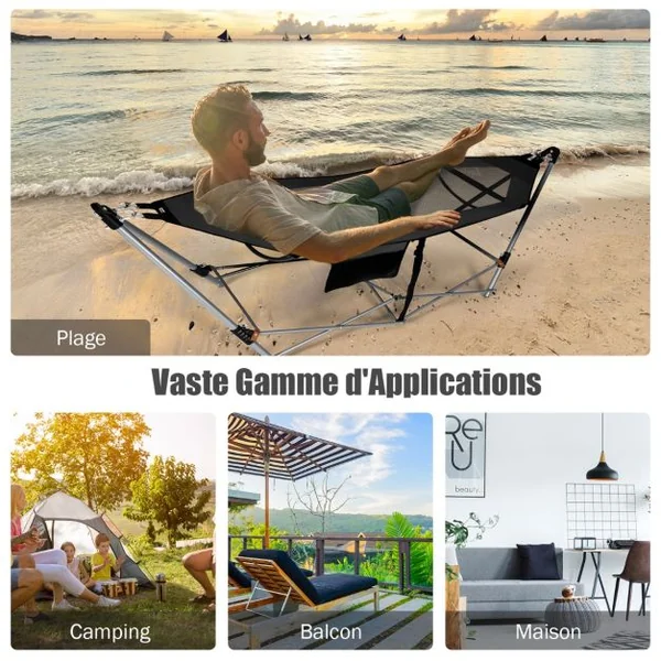 Hamac Pliant Intérieur et Extérieur avec Poche Latérale Boucles Anti-basculement et Support en Fer Lit Hamac de Camping Pliable pour Porche Bleu/Noir