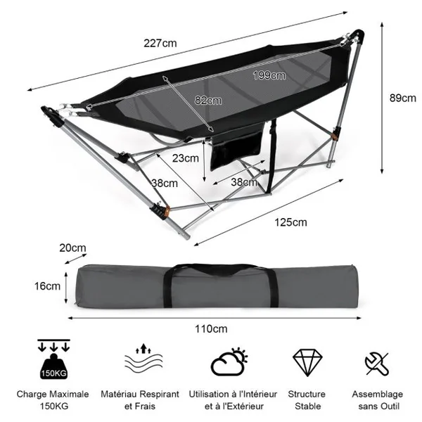 Hamac Pliant Intérieur et Extérieur avec Poche Latérale Boucles Anti-basculement et Support en Fer Lit Hamac de Camping Pliable pour Porche Bleu/Noir