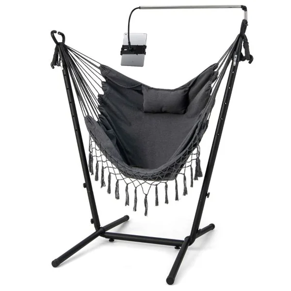 Hamac sur Pied avec Support en Métal et Porte-Téléphone Charge 250KG Hamac de Jardin avec Oreiller et Poche Latérale Gris
